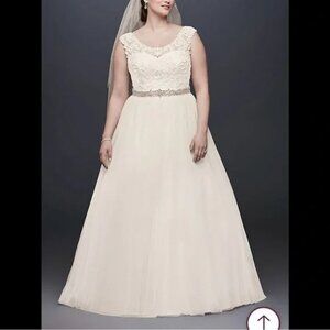 David’s Bridal Tulle and Scroll Lace Cap Sleeve Wedding Dress